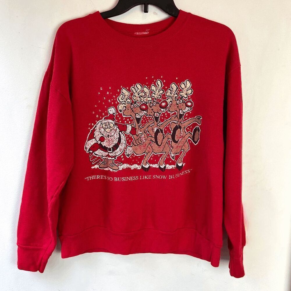 VTG 80s Red Christmas Sweatshirt Santa Reindeer “Snow Business” Boxy Crew M
